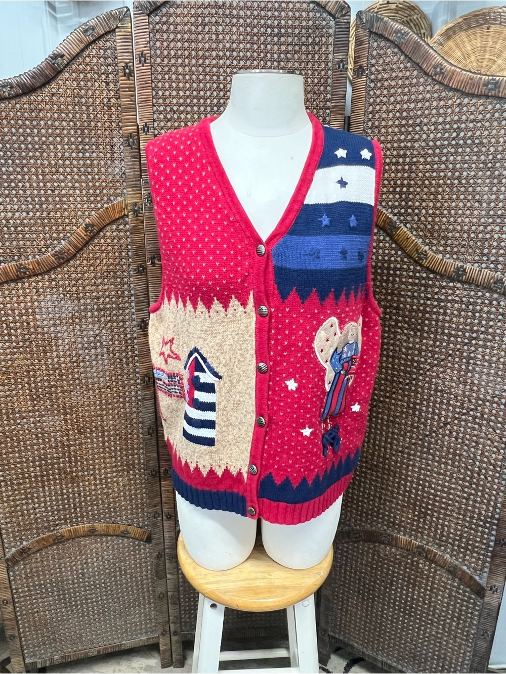 The quacker factory sweater vest patriotic red white blue medium